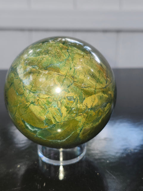Green jasper sphere! 15.3 ounces, 66mm, 2.6 inches