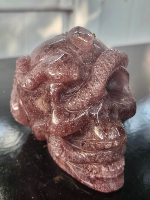 Strawberry quartz skull & snake! 1.6 pounds, 3.9 inches long, 3.3 tall, 2.7 wide