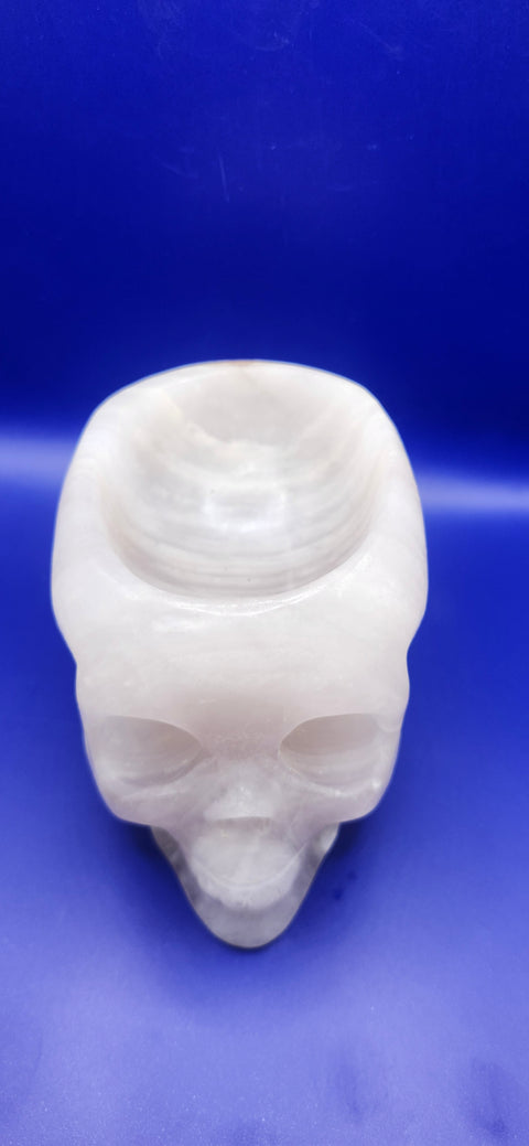 Striped calcite skull/ offering bowl! 2.10 pounds, 5 inches by 3.5 by 3
