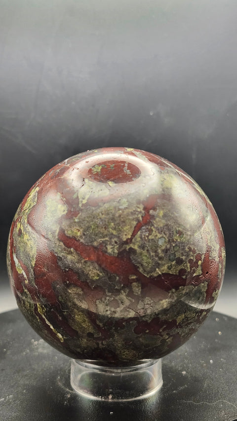 Dragon bloodstone sphere 73.2mm, 2.87 inches, 1.5 pounds