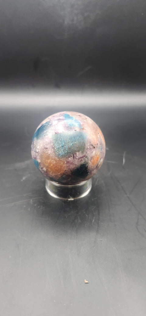 Blue apatite, lepidolite, Sunstone sphere. 45.9mm, 1.81 inches, 4.1 ounces!