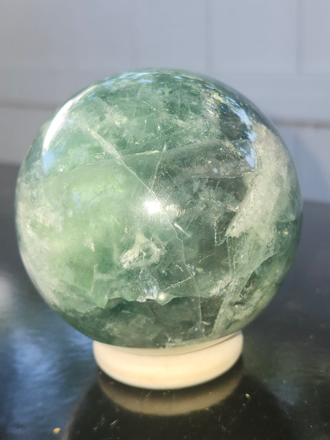 Snowflake florite sphere! 79mm, 3.13 inches, 1.15 pounds