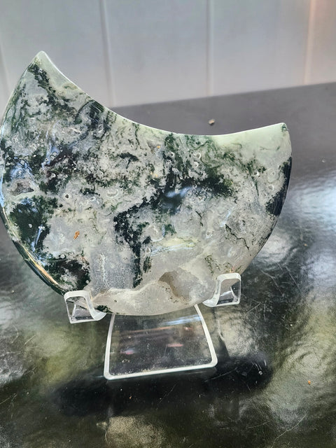 Druzy moss agate moon! 9.6 ounces, 4 inches