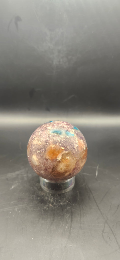 Blue apatite, lepidolite, Sunstone sphere. 49.9mm, 1.96 inches 5.3 ounces