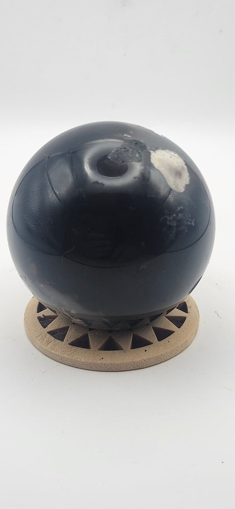 Black agate sphere. 55.6mm, 2.18 inches, 8.3 ounces!