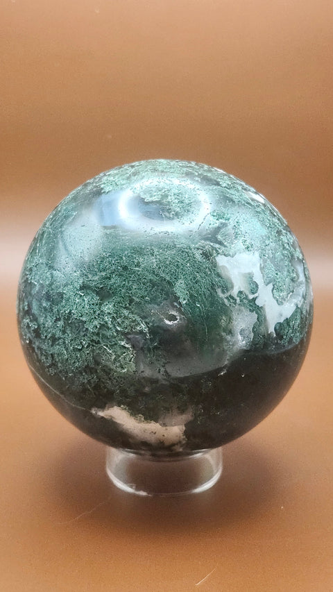 Moss agate sphere. 75mm, 2.96 inches, 1.4 pounds!