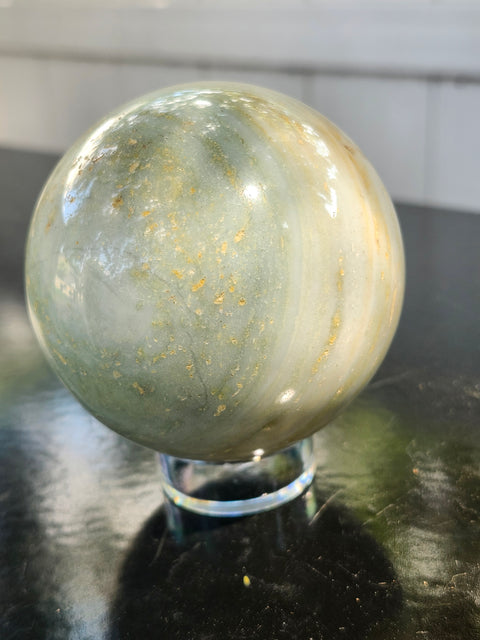Blue and white striped calcite sphere! 67mm. 2.66 inches, 15 ounces