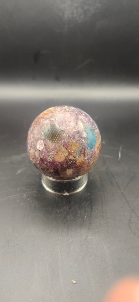 Blue apatite, lepidolite, Sunstone sphere. 45.9mm, 1.81 inches, 4.1 ounces!
