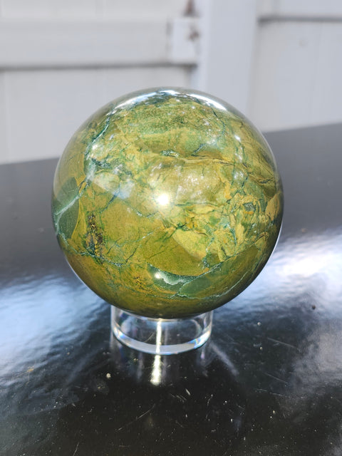 Green jasper sphere! 15.3 ounces, 66mm, 2.6 inches