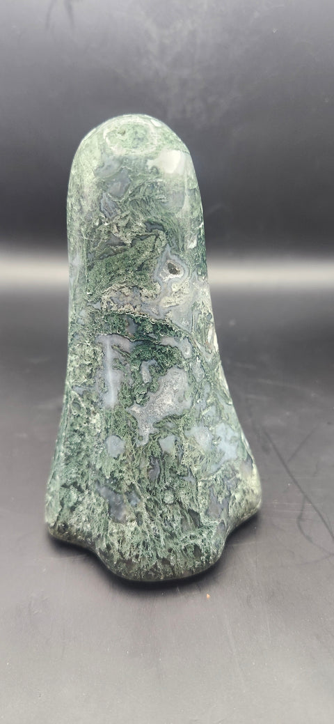 Moss agate tower. 13.5 ounces, 4 inches tall