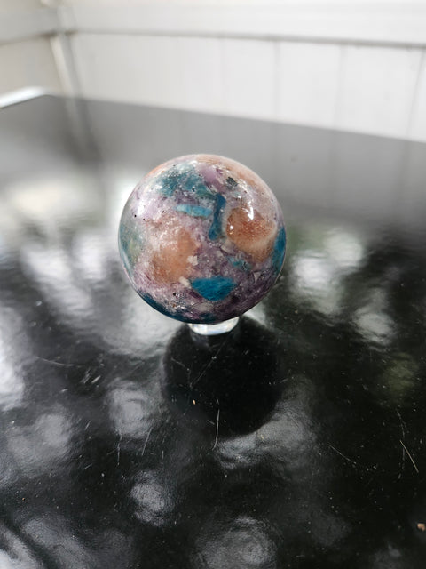 4 to 5 ounce Blue apatite, lepidolite, Sunstone sphere 56.2 mm, 2.21 inches