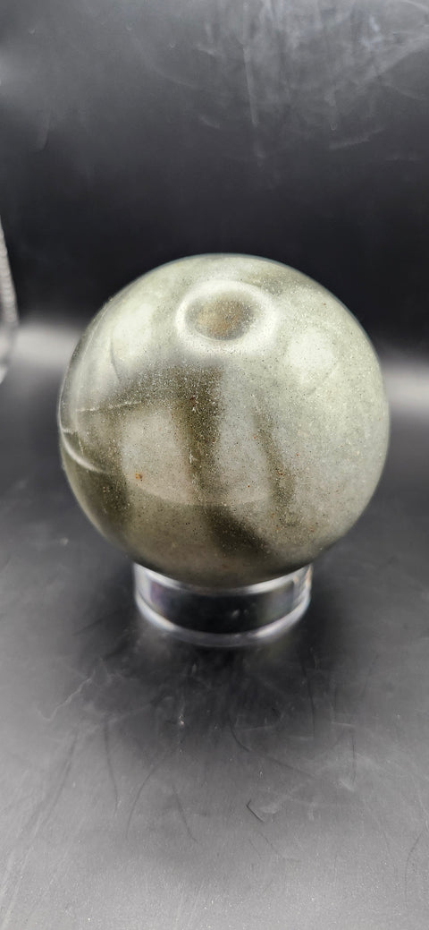 Green,gray aventurine sphere, 72.3mm, 2.84 inches, 1.2 pounds. Sparkles!!