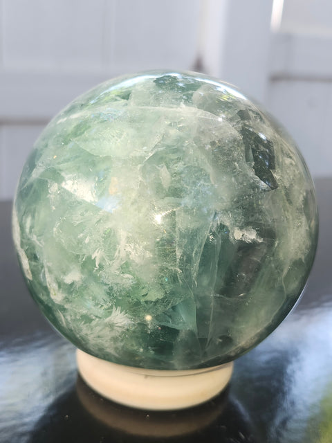 Snowflake florite sphere! 79mm, 3.13 inches, 1.15 pounds