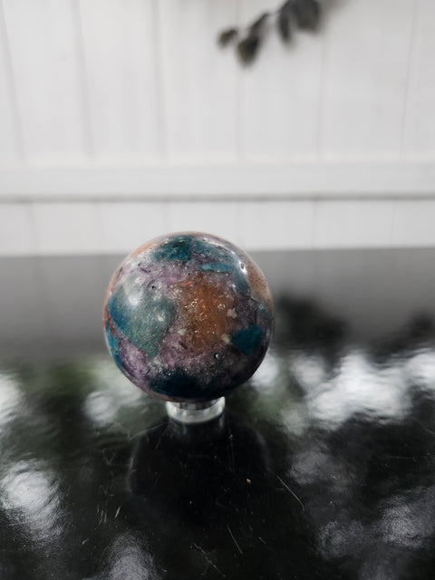 4 to 5 ounce Blue apatite, lepidolite, Sunstone sphere 56.2 mm, 2.21 inches