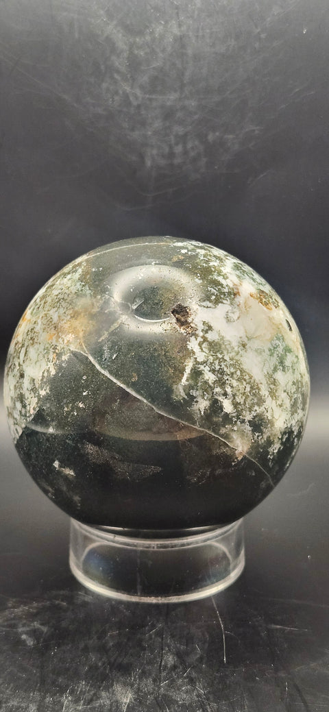 Moss agate sphere. 74.3mm, 2.92 inches, 1.4 pounds!