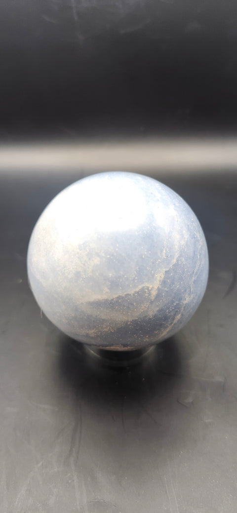 Blue calcite sphere. 62mm, 2.44 inches, 12 ounces
