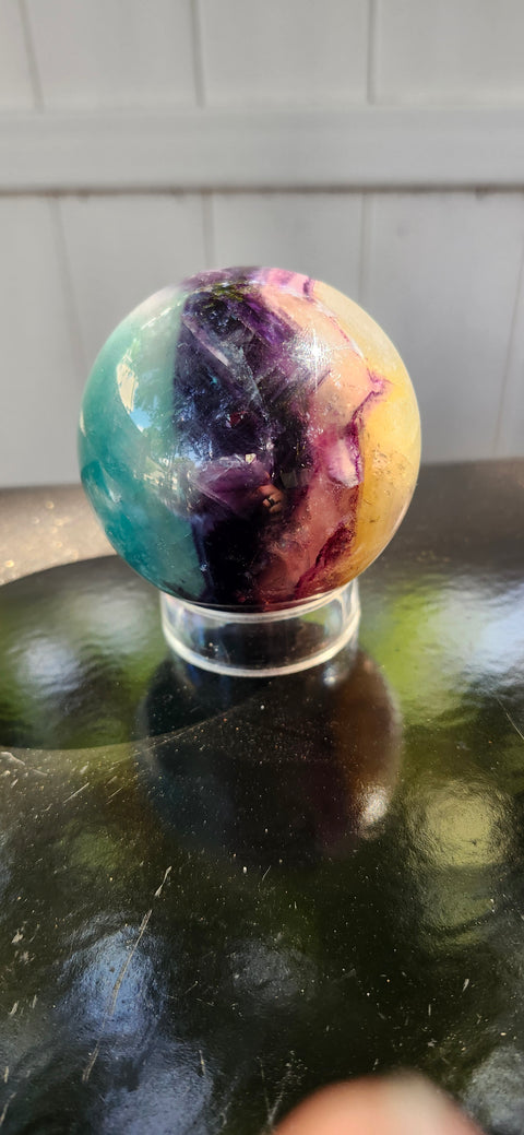Blue,purple, clear florite sphere. 67.8mm, 2.67 inches, 1.2 pounds