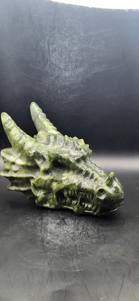 Nephrite dragon skull! 1.10 pounds, 4.5 inch head, 6 inch nose to horn