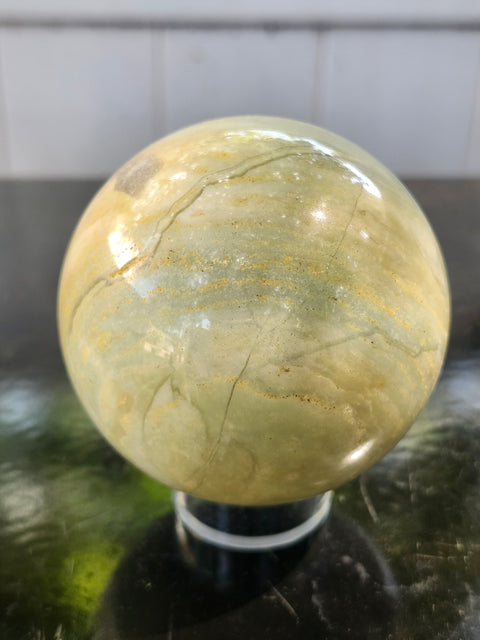 Blue and white striped calcite sphere! 67mm. 2.66 inches, 15 ounces