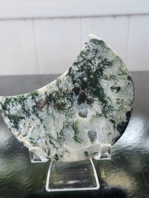 Druzy moss agate moon! 9.6 ounces, 4 inches