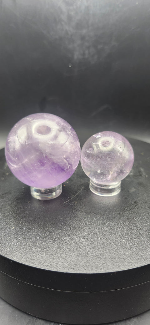 Amethyst quartz spheres set of 2. 1.3 inch and .9 inch