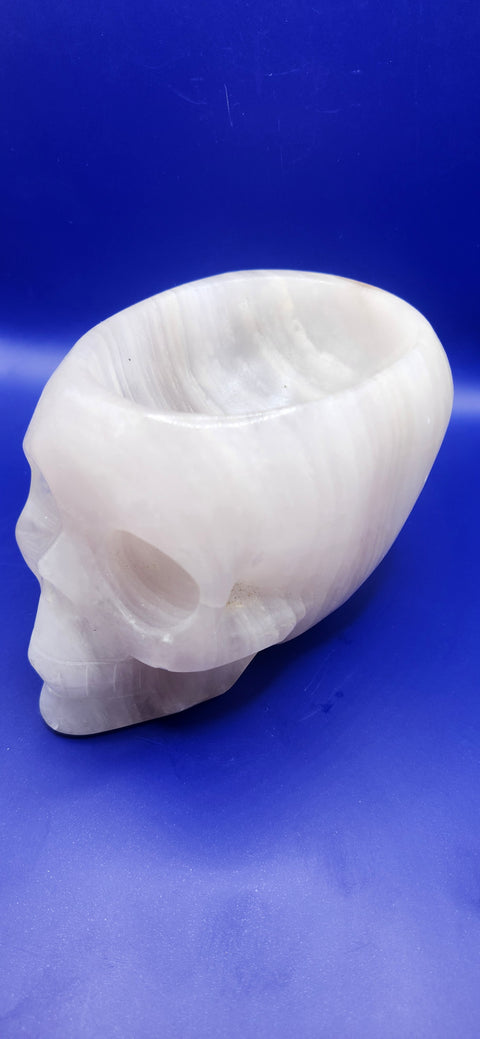 Striped calcite skull/ offering bowl! 2.10 pounds, 5 inches by 3.5 by 3