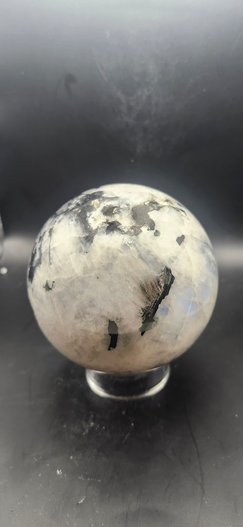 Rainbow moonstone sphere! 87.8mm, 3.45 inches, 2.2 pounds