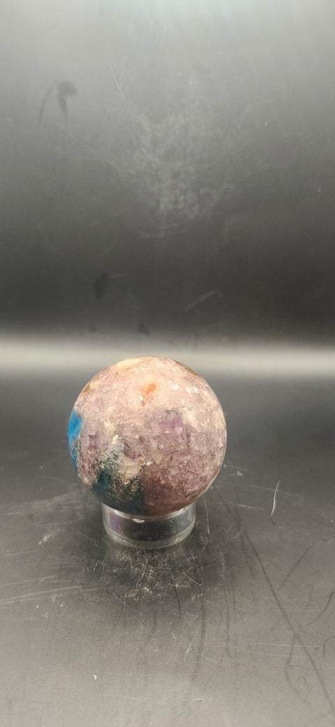 Blue apatite, lepidolite, Sunstone sphere. 49.9mm, 1.96 inches 5.3 ounces