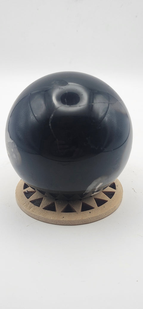 Black agate sphere. 55.6mm, 2.18 inches, 8.3 ounces!
