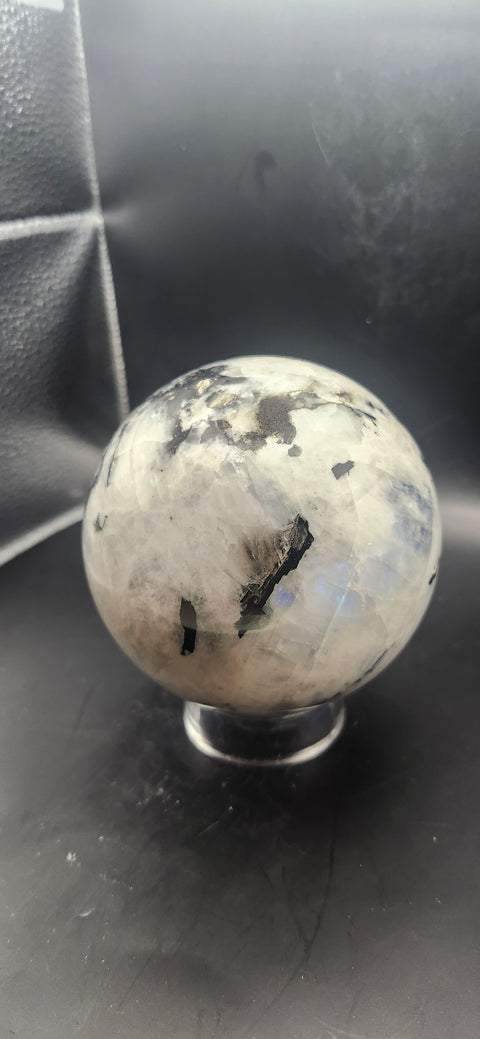 Rainbow moonstone sphere! 87.8mm, 3.45 inches, 2.2 pounds