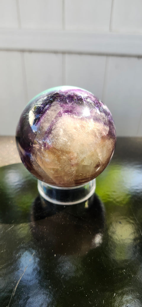 Blue,purple, clear florite sphere. 67.8mm, 2.67 inches, 1.2 pounds