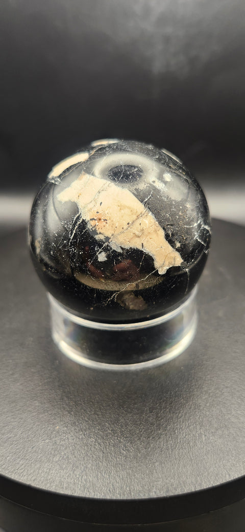 Black tourmaline sphere. 49.6mm, 1.95 inches, 7 ounces
