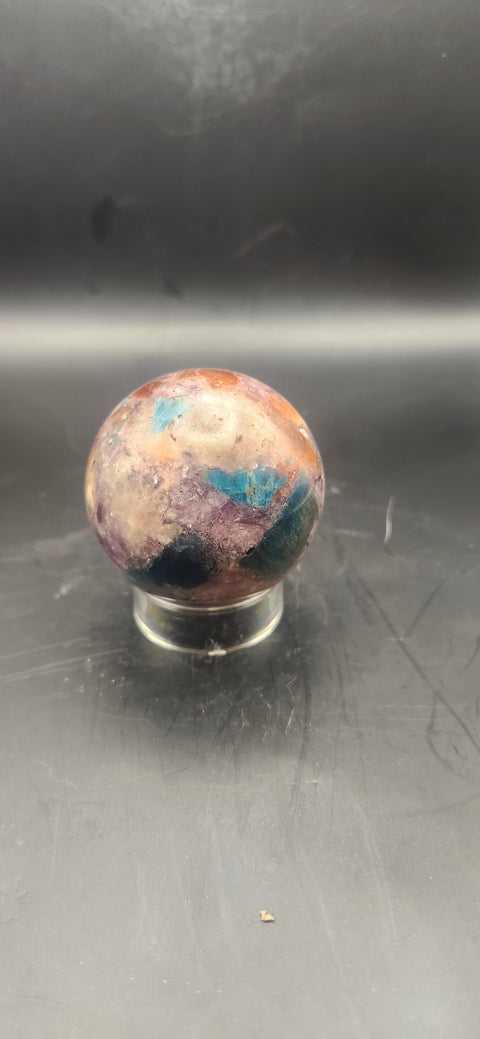 Blue apatite, lepidolite, Sunstone sphere. 45.9mm, 1.81 inches, 4.1 ounces!