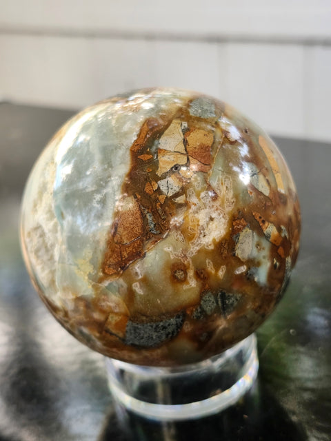 Blue and brown calcite sphere! 73mm, 2.88 inches, 1.3 pounds