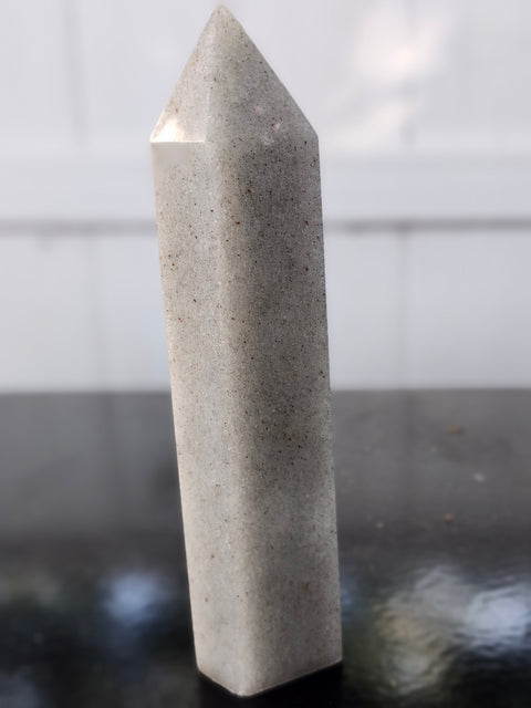Green aventurine tower with silver flash! 12.8 ounces, 6.5 inches