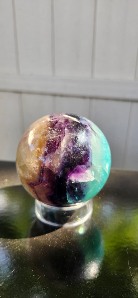 Blue,purple, clear florite sphere. 67.8mm, 2.67 inches, 1.2 pounds