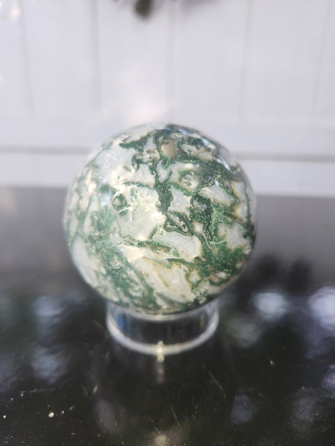 Moss agate sphere! 15 ounce, 68.1mm, 2.68 inch
