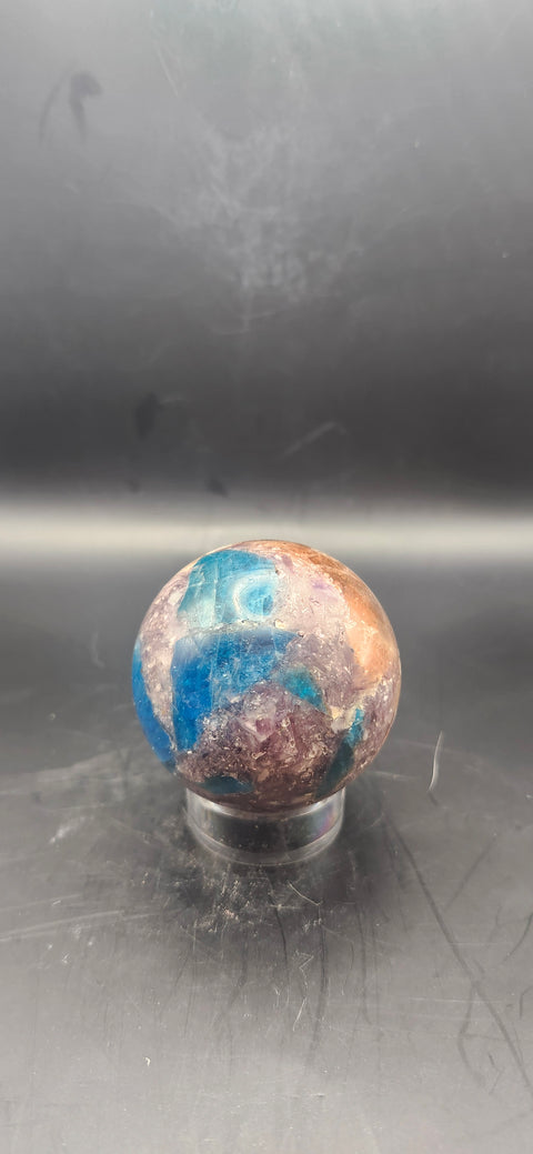 Blue apatite, lepidolite, Sunstone sphere. 49.9mm, 1.96 inches 5.3 ounces