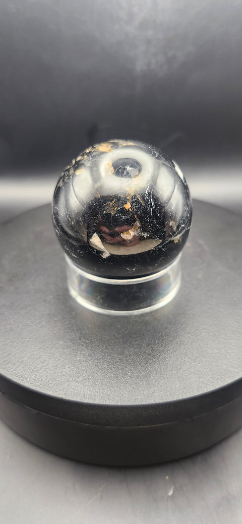 Black tourmaline sphere. 49.6mm, 1.95 inches, 7 ounces