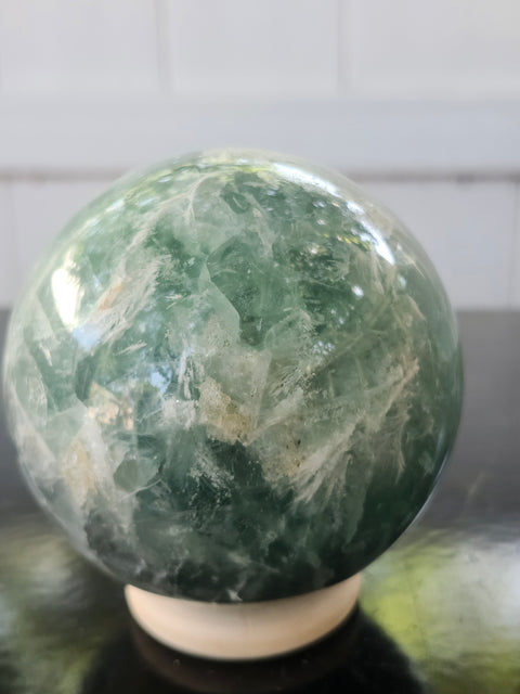 Snowflake florite sphere! 79mm, 3.13 inches, 1.15 pounds