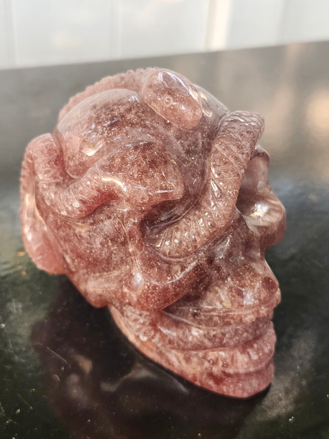Strawberry quartz skull & snake! 1.6 pounds, 3.9 inches long, 3.3 tall, 2.7 wide