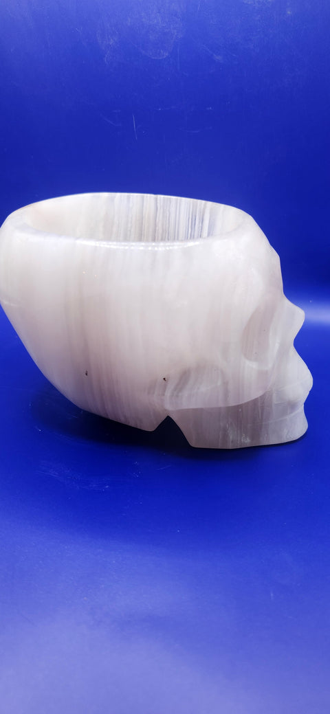 Striped calcite skull/ offering bowl! 2.10 pounds, 5 inches by 3.5 by 3