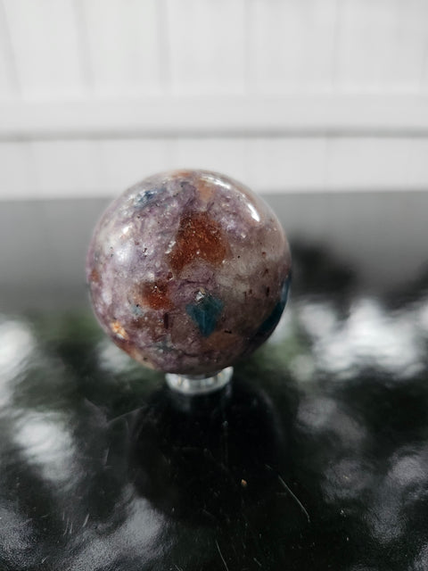 4 to 5 ounce Blue apatite, lepidolite, Sunstone sphere 56.2 mm, 2.21 inches
