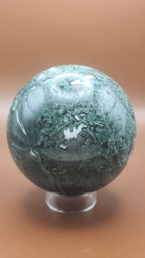 Moss agate sphere. 75mm, 2.96 inches, 1.4 pounds!