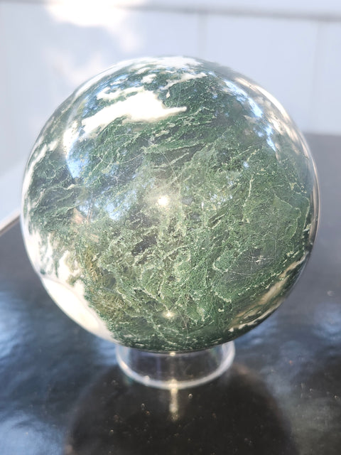 Moss agate sphere! 71mm, 2.8 inches, 1.1 pounds