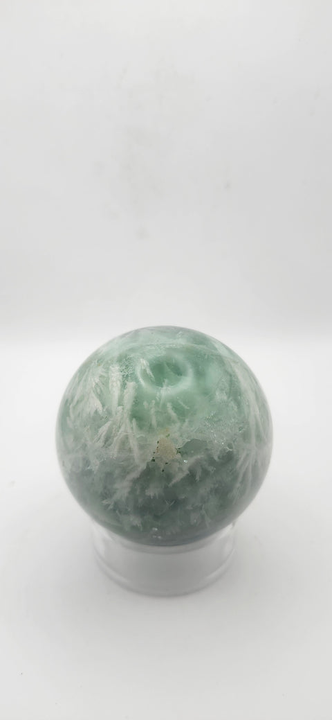 Snowflake florite sphere. 59.6mm, 2.34 inches, 12.4 ounces
