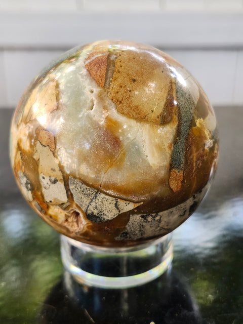 Blue and brown calcite sphere! 73mm, 2.88 inches, 1.3 pounds