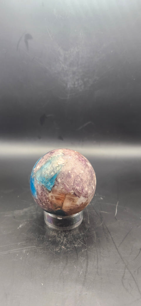Blue apatite, lepidolite, Sunstone sphere. 49.9mm, 1.96 inches 5.3 ounces