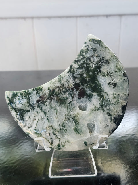 Druzy moss agate moon! 9.6 ounces, 4 inches