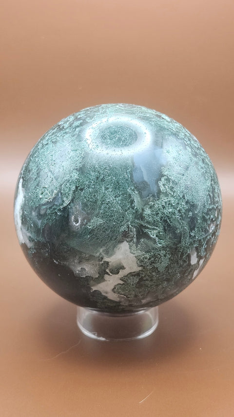 Moss agate sphere. 75mm, 2.96 inches, 1.4 pounds!